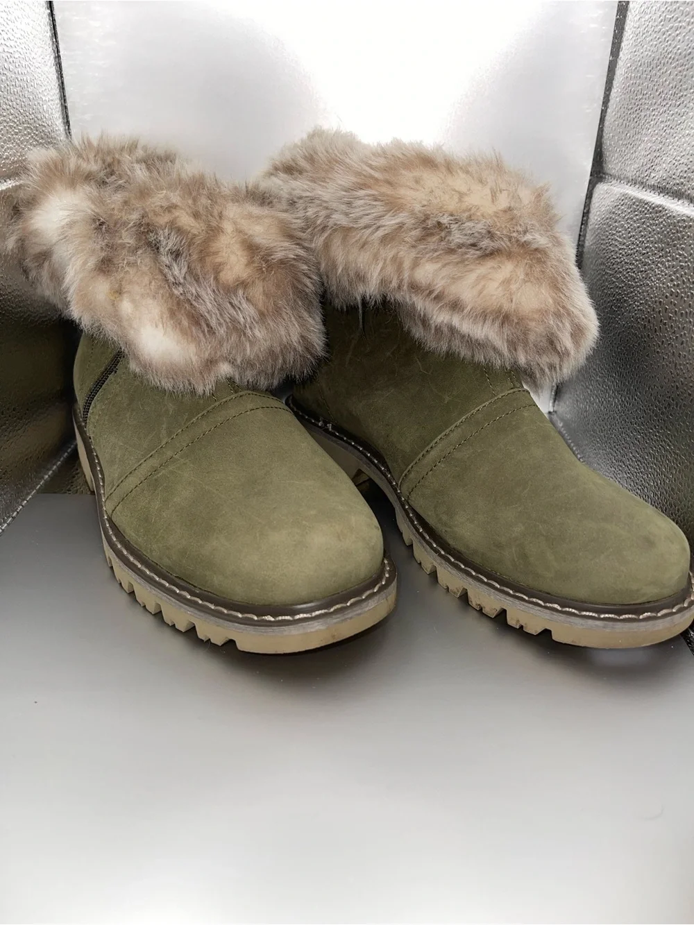 Caterpillar Waterproof Olive Suede-Like Ankle Booties with Faux Fur Cuff